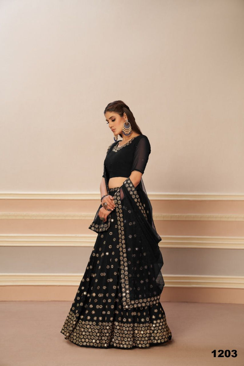 Aawiya Official 1203 Black Mirror Georgette Stylish Designer Party Wear Lehenga Choli