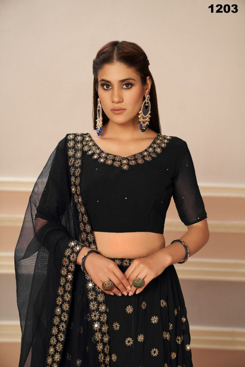 Aawiya Official 1203 Black Mirror Georgette Stylish Designer Party Wear Lehenga Choli