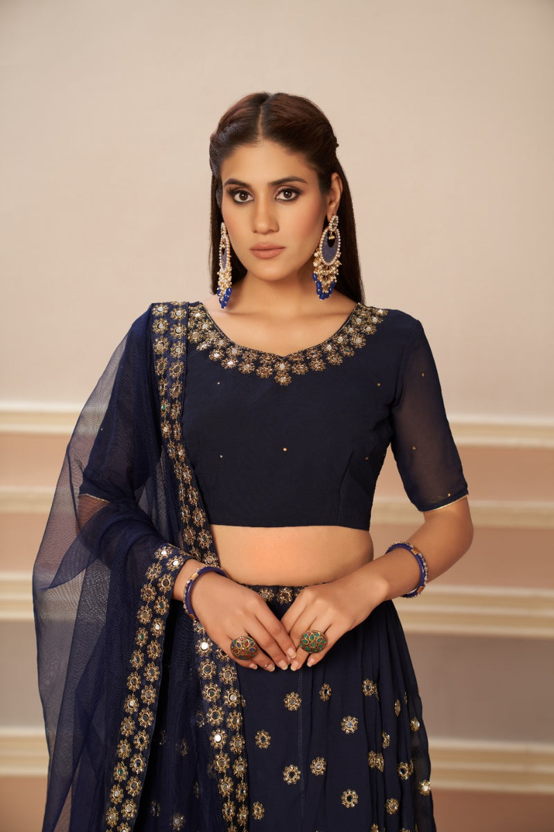 Aawiya Official 1203 Navy Blue Mirror Georgette Stylish Designer Party Wear Lehenga Choli