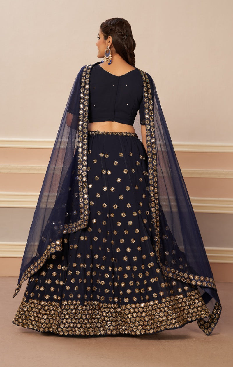 Aawiya Official 1203 Navy Blue Mirror Georgette Stylish Designer Party Wear Lehenga Choli