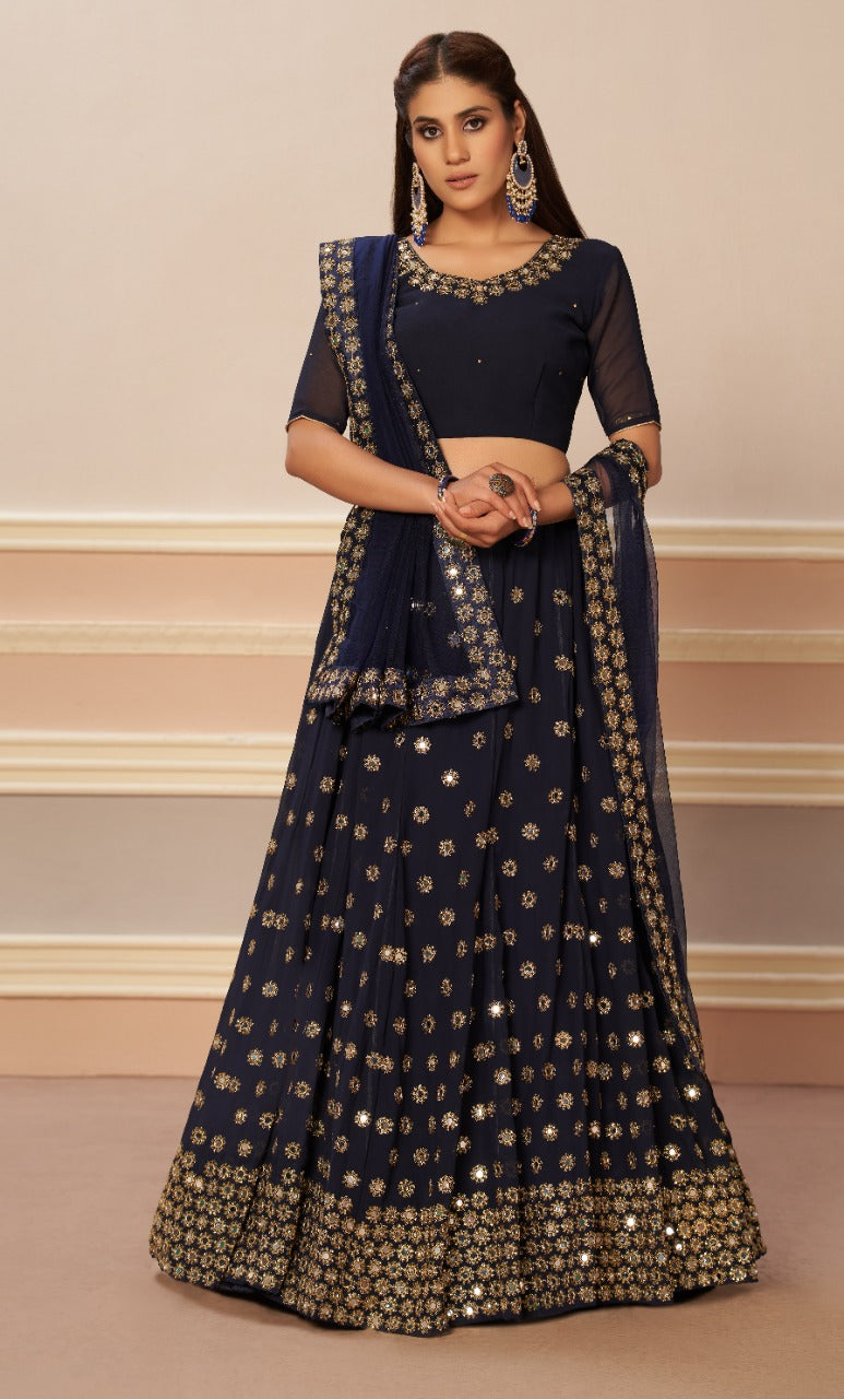 Aawiya Official 1203 Navy Blue Mirror Georgette Stylish Designer Party Wear Lehenga Choli