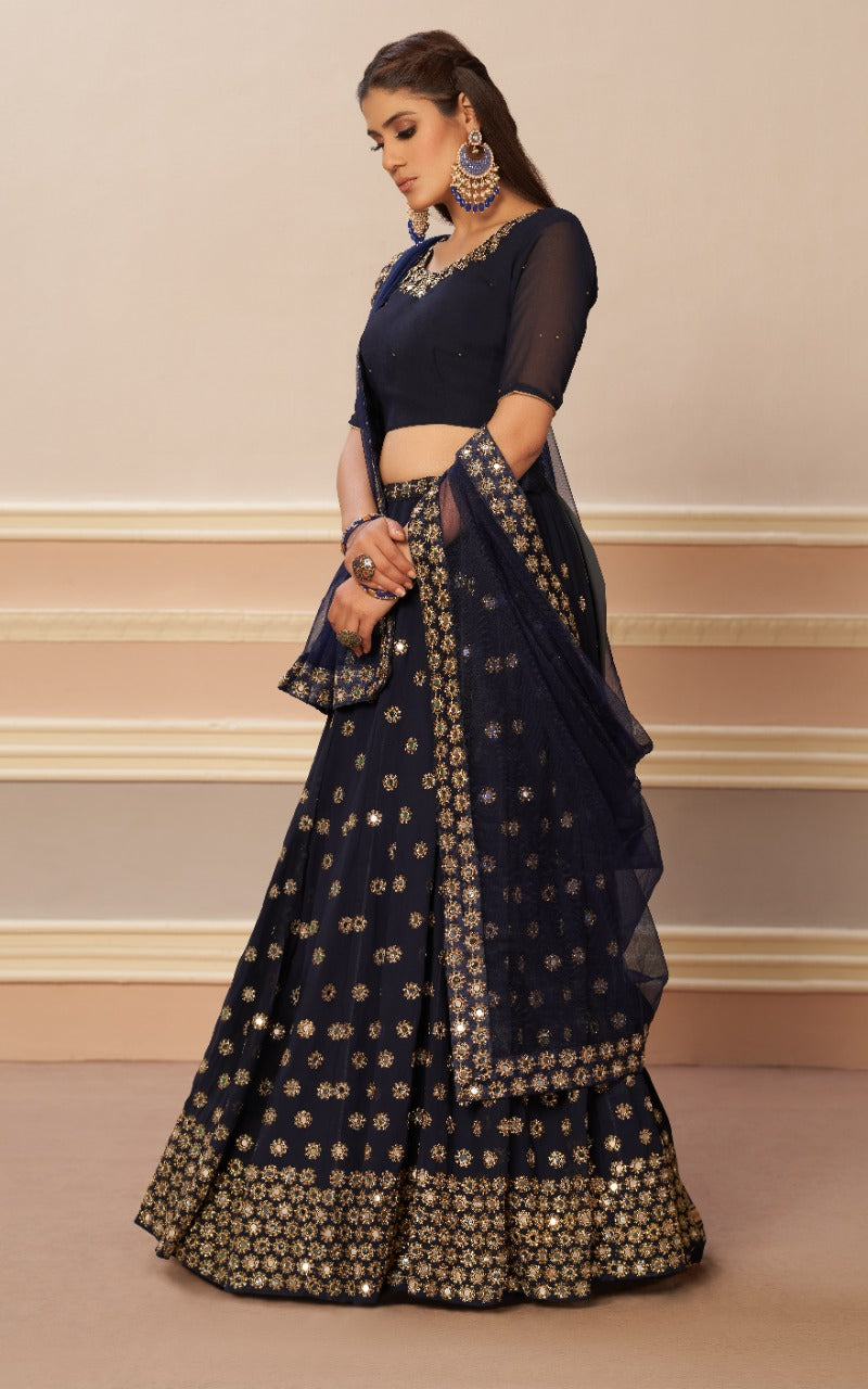 Aawiya Official 1203 Navy Blue Mirror Georgette Stylish Designer Party Wear Lehenga Choli