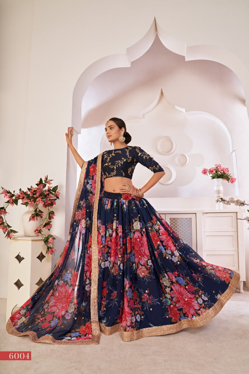 Aawiya Lotus Vol 1 Dno 6004 Georgette Stylish Festival Look Floral Printed Designer Wear Lehenga