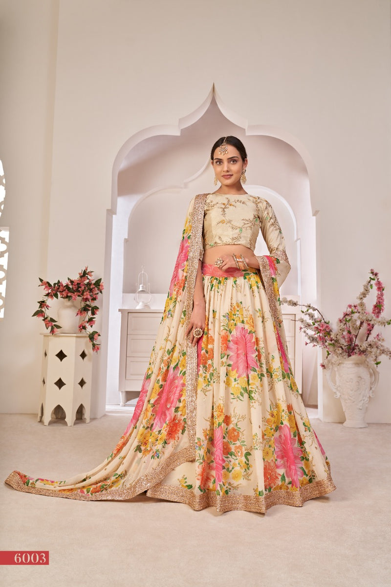 Aawiya Lotus Vol 1 Dno 6003 Georgette Stylish Festival Look Floral Printed Designer Wear Lehenga