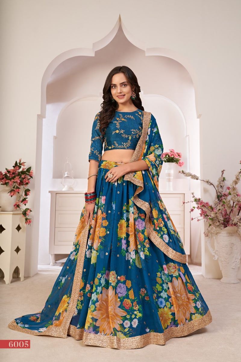 Aawiya Lotus Vol 1 Dno 6005 Georgette Stylish Festival Look Floral Printed Designer Wear Lehenga