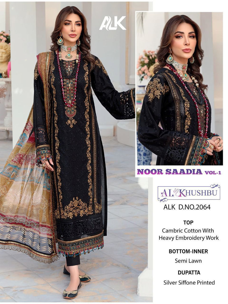 Al Khushbu Noor Saadia Vol 1 Dno 2064 Cambric Cotton With Beautiful Work Stylish Designer Wedding Look Salwar Kameez
