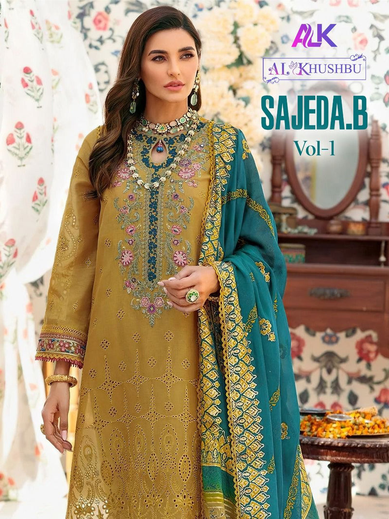 AL Khushbu Sajeda B Vol 1 Cambric Cotton Designer Pakistani Style Wedding Wear Heavy Embroidered Salwar Suits