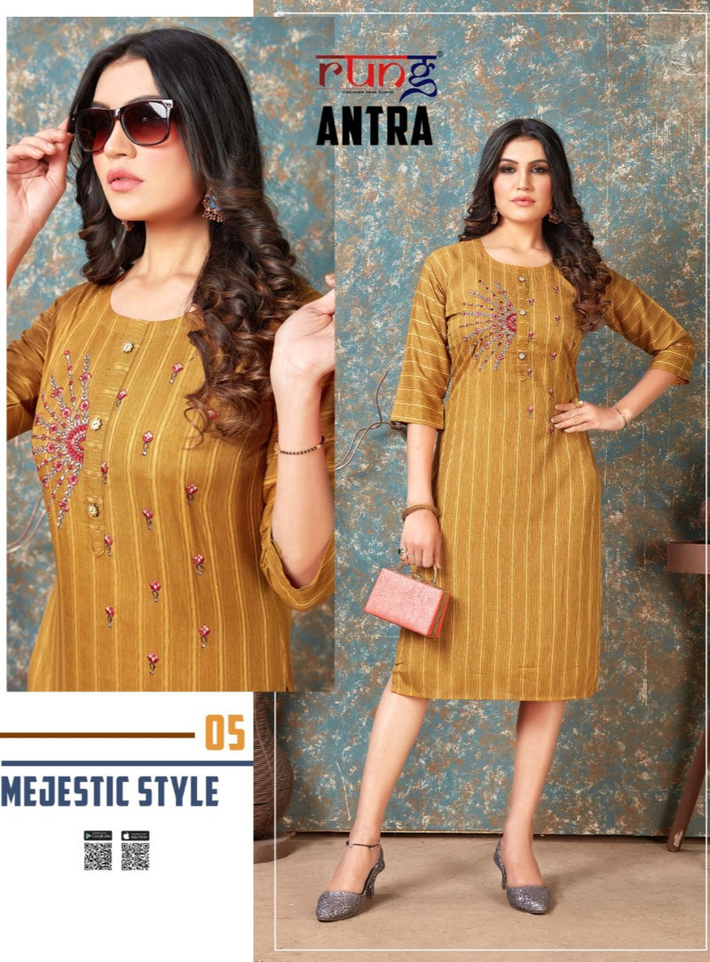 Rung Antra Heavy Rayon With Manual Embroidery Work Long Straight Kurtis