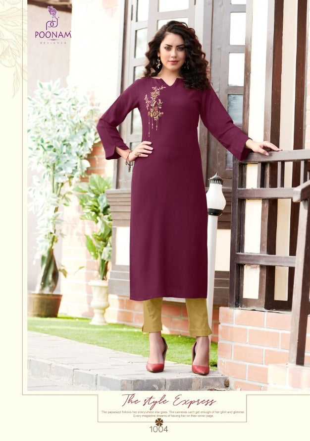 Poonam Designer Panihari Rayon With Fancy Work Long Straight Casual Wear Kurtis