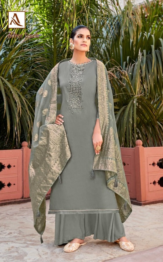 Alok Suit Silver Touch Jam Cotton Dyed With Lucknowi Thread Work Salwar Suits