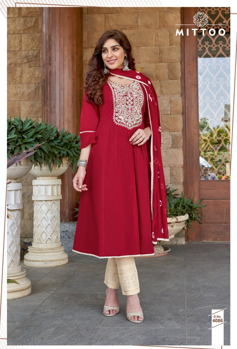 Mittoo Fashion Barkhaa Mull Cotton Long Anarkali Style Wedding Wear Kurtis With Heavy Embroidery Work