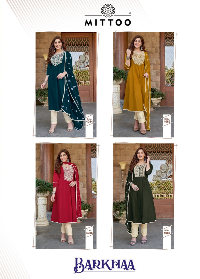 Mittoo Fashion Barkhaa Mull Cotton Long Anarkali Style Wedding Wear Kurtis With Heavy Embroidery Work