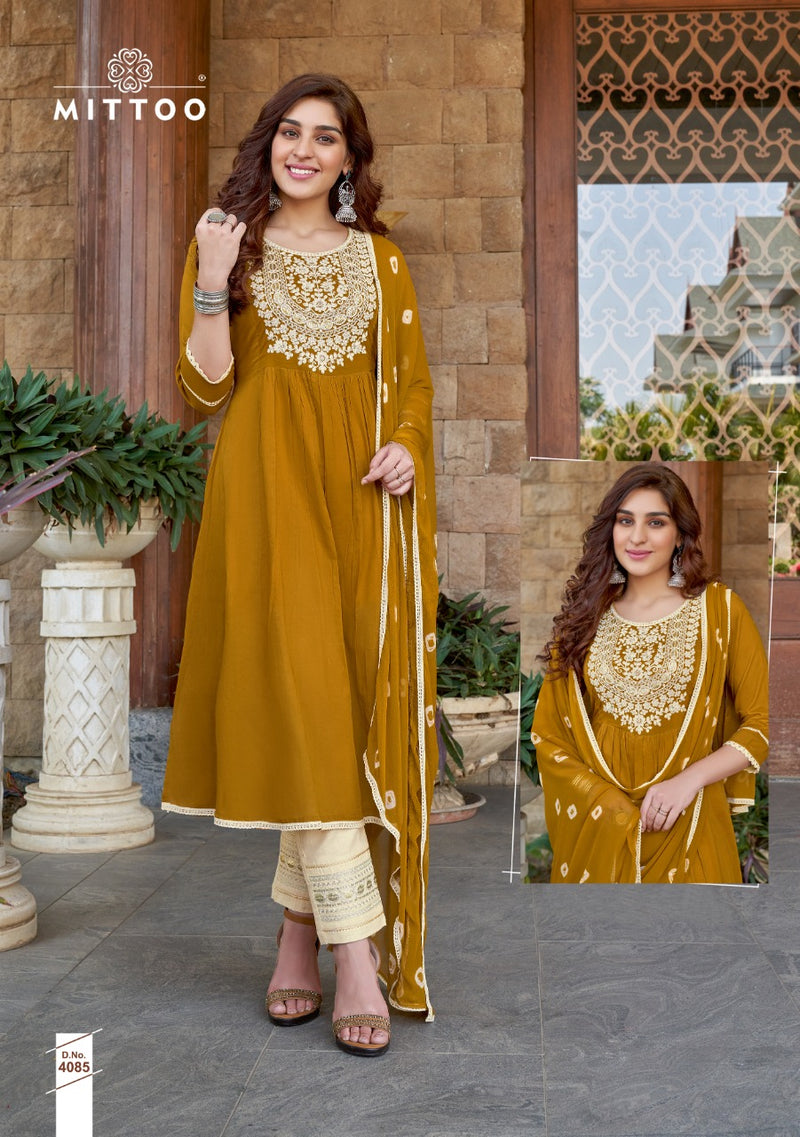 Mittoo Fashion Barkhaa Mull Cotton Long Anarkali Style Wedding Wear Kurtis With Heavy Embroidery Work