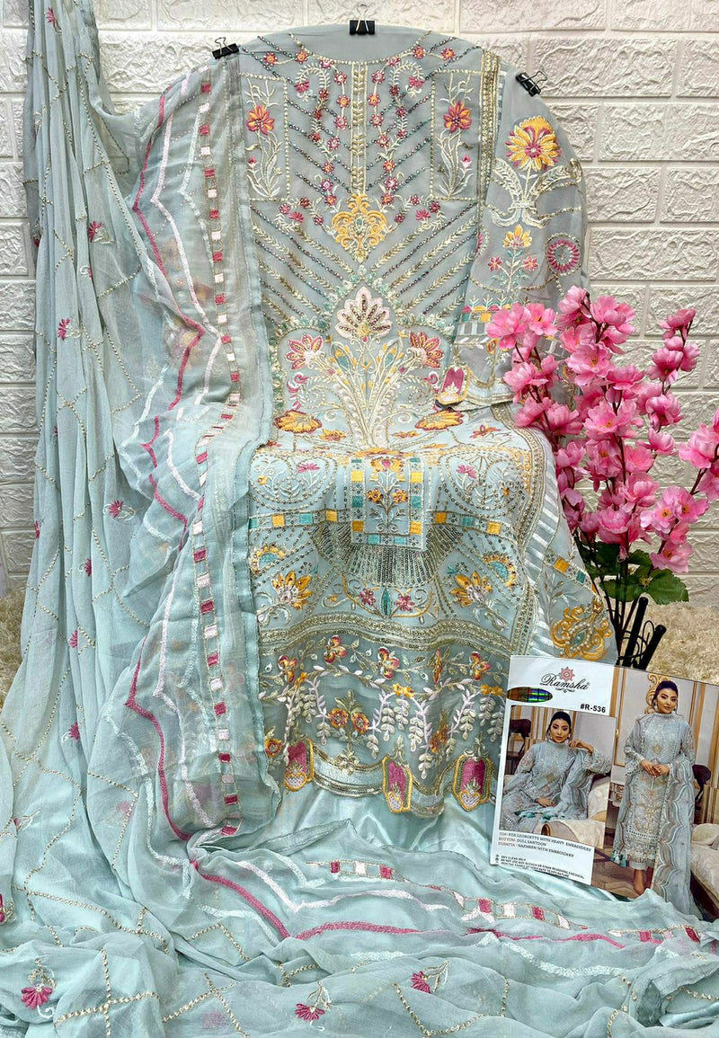 Ramsha Suit Dno R 536 Georgette With Heavy Embroidery Work Astonishing Look Salwar Kameez