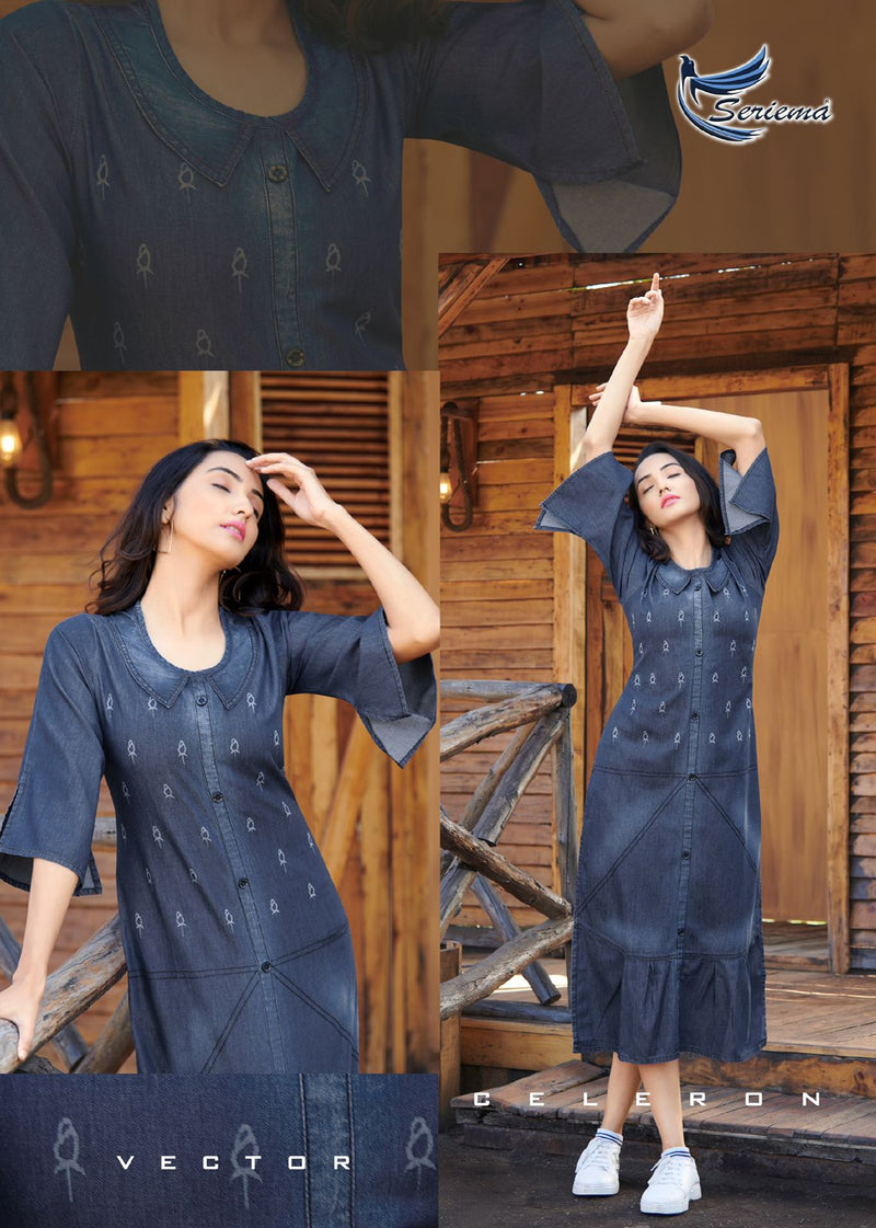 Blue Denim Cotton Embroidered Long Kurti | Seriema-1094 | Cilory.com