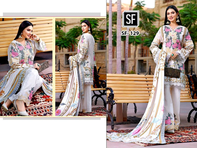 Sf Fashion Dno 129 Cambric Cotton Stylish Designer Print With Embroidered Salwar Suit