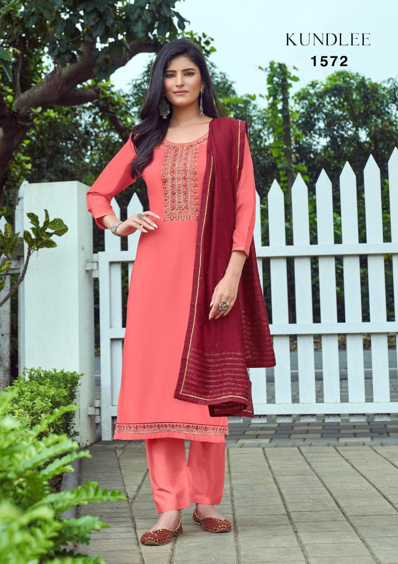 Triple Kundlee Parampara Silk Fancy Work Stylish Designer Casual Look Salwar suit