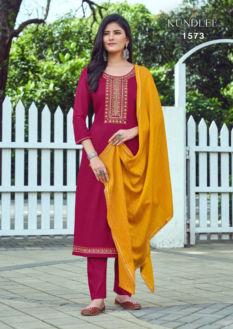 Triple Kundlee Parampara Silk Fancy Work Stylish Designer Casual Look Salwar suit