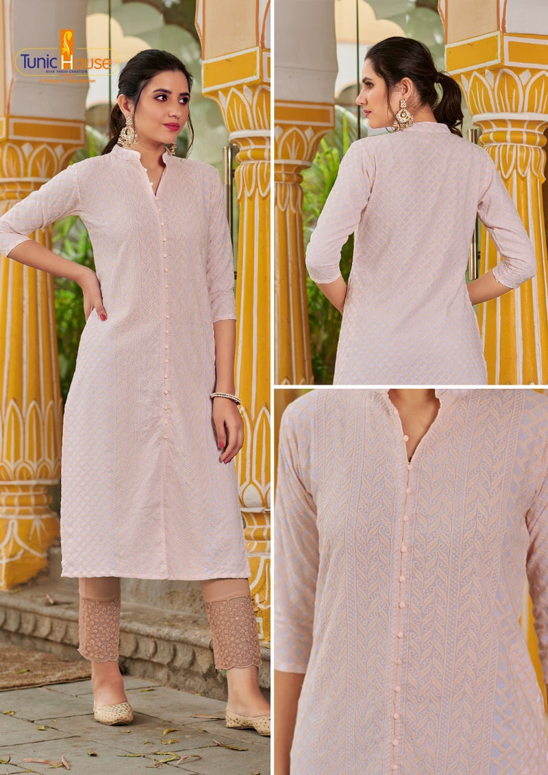 Tunic House Lucknowi Pocket Viscose Rayon Party Wear Kurtis With Lucknowi  Work