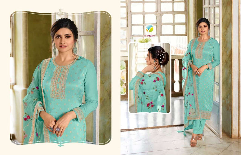 Vinay Fashion Dno 17432 To 17437 Dola With Heavy Embroidery Net Dupatta Stylish Designer Casual Look Salwar Suit